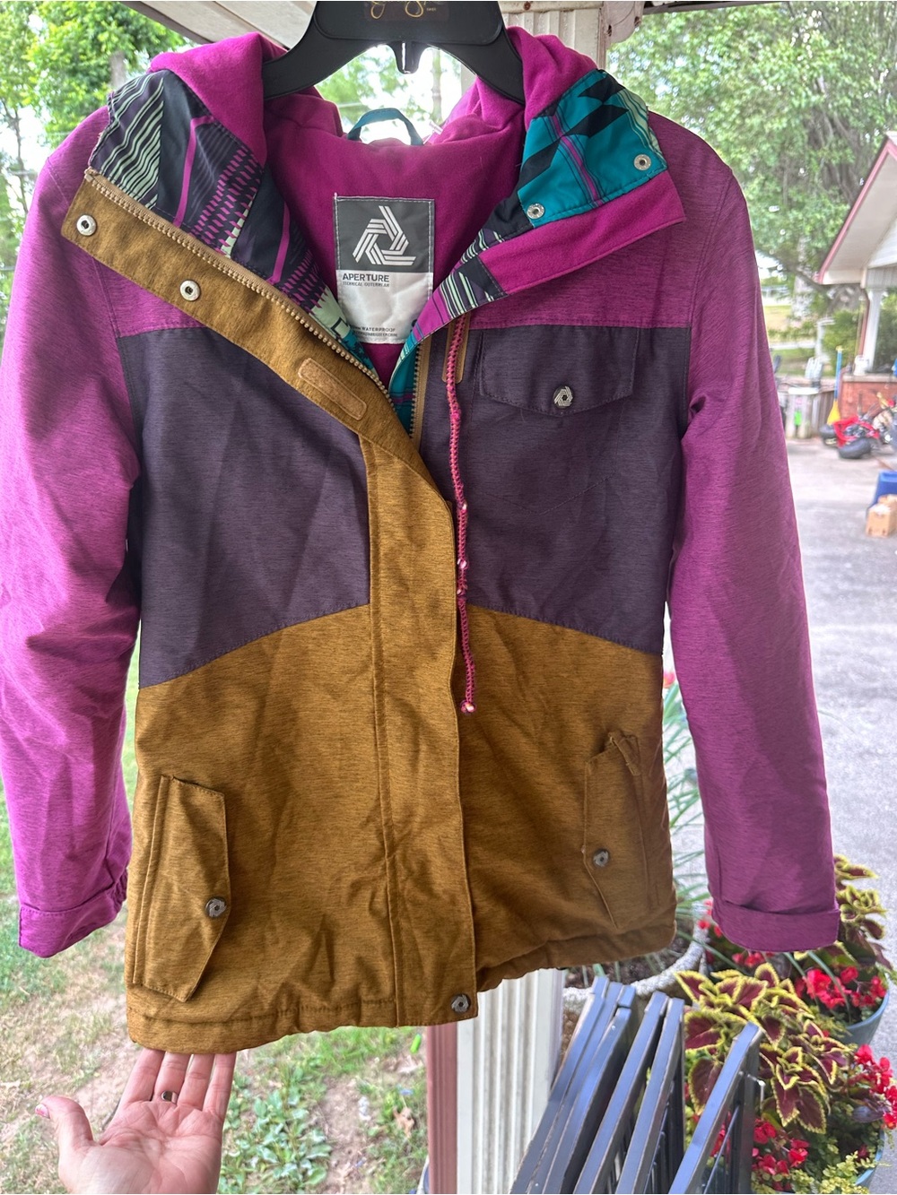 Aperture ladies Colorblock Hooded ski Jacket - Purple/Mustard